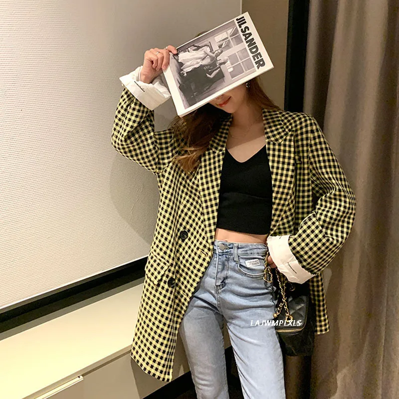 

Корейская женская желтая черная клетчатая куртка, костюм, Блейзер, женские блейзеры, куртки, винтажный повседневный костюм, пальто, новинка ...