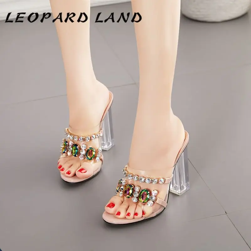 Летние прозрачные Шлепанцы из ПВХ с леопардовым принтом и стразами Женская обувь