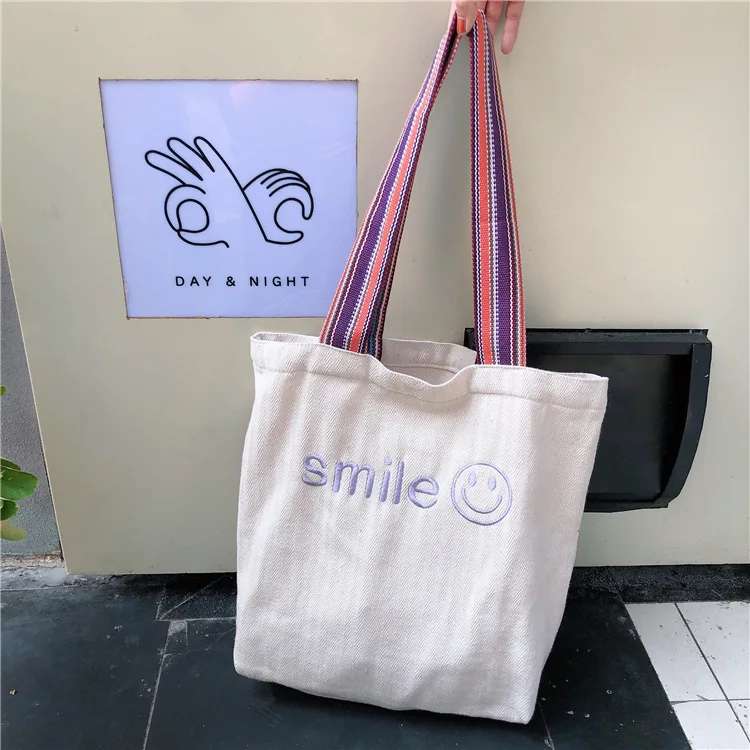 Холщовая Сумка тоут Smile Face для подростков модная цветная Сумочка с верхней ручкой
