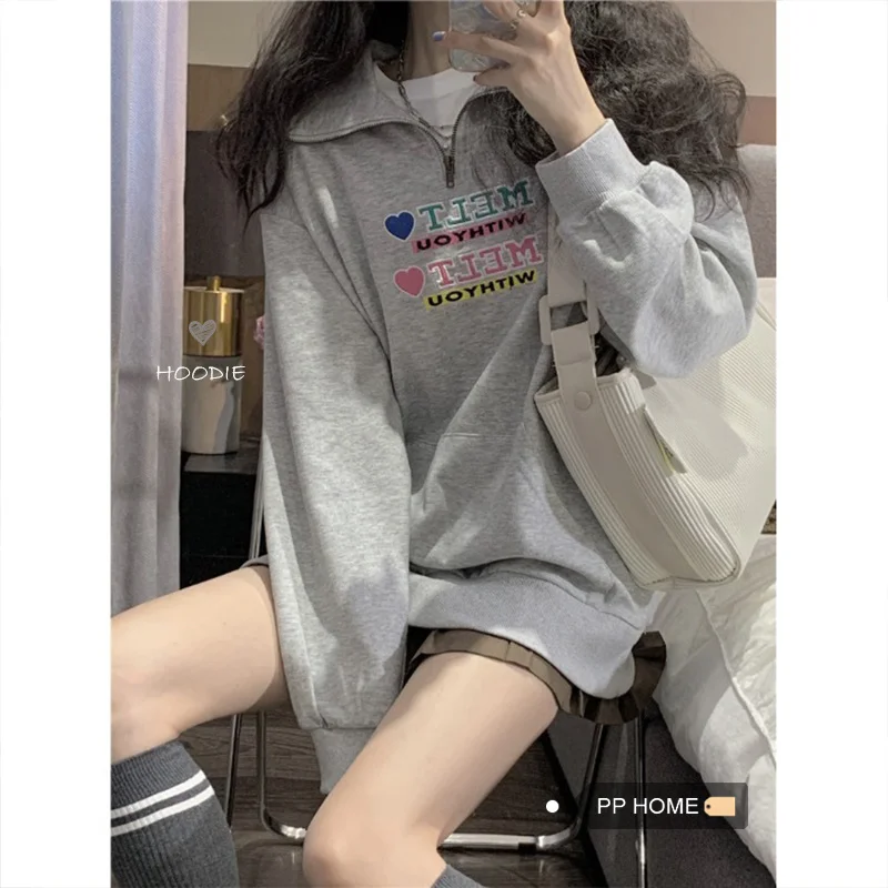 

American Hiphop Stand Collar Sweater Women's Spring and Autumn Loose Fashion Ins Idle Style Bf Thin Zipper Jacket.