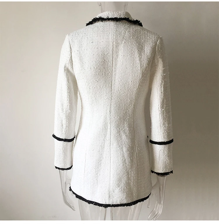 Plus Size XXXL Women High Street Long Jackets Runway Beading Double Breasted Solid Color White Slim Chic Blazers High Quality