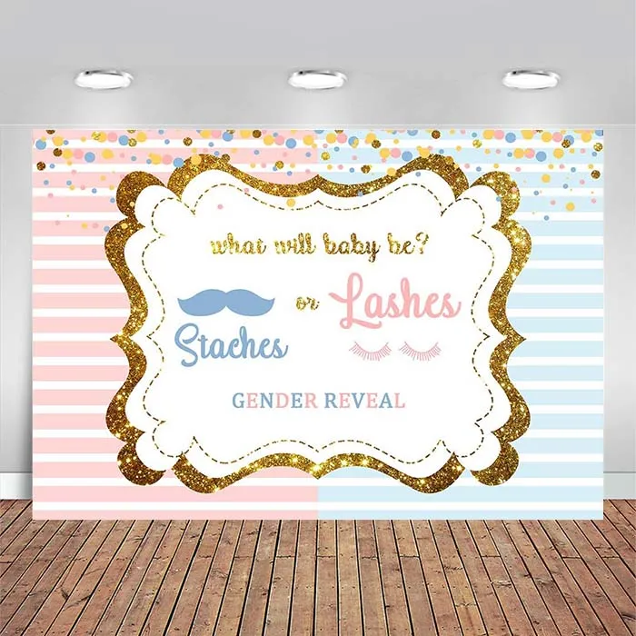 Enlarge Staches or Lashes Gender Reveal Theme Backdrop 5x3ft Pink or Blue Striped Gender Reveal Boy or Girl Pink Blue Baby Shower Banner