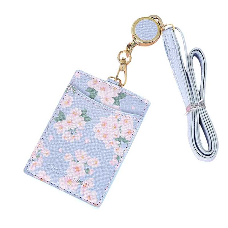 

Cute FlowersPU Leather Bus ID Credit Card Holder Case Portable Badge Retractable Neck Strap Lanyard