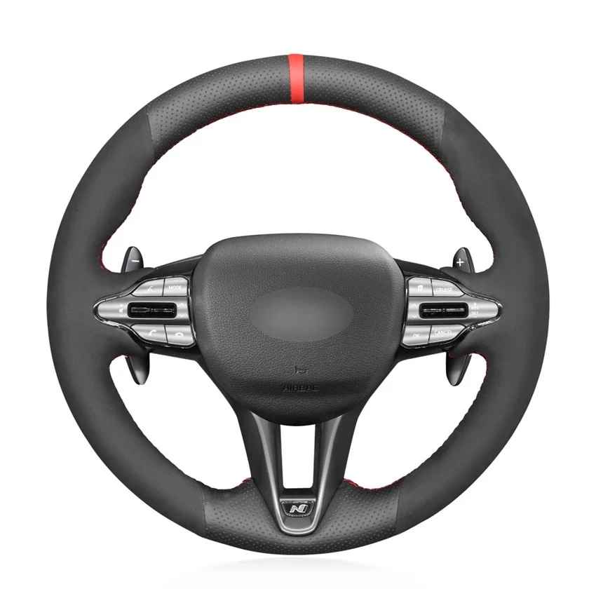 

Hand-stitched Black Genuine Leather Suede Car Steering Wheel Cover for Hyundai i30 N 2018-2020 Veloster N 2019-2021
