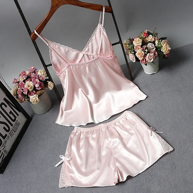 

Pajama Set Summer Pyjamas Women with Chest Pads Sexy Satin Sleepwear Women Silk Sleep & Lounge Nightwear Female Two Piece Sets