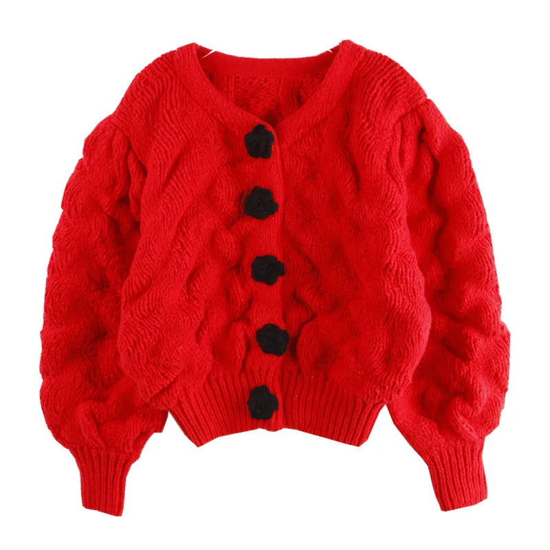

Lantern Sleeve Vintage Cardigan Women Crop Top 2021 New Red Sweater Coat Korean Fashion Floral Buttons Short Knitted Cardigan