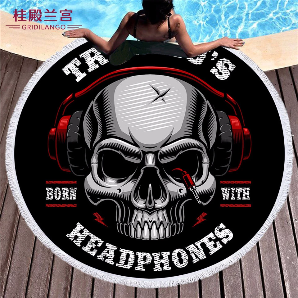 GRIDILANGO Музыка Череп Handphones круглый пляжное полотенце с кисточкой микрофибра