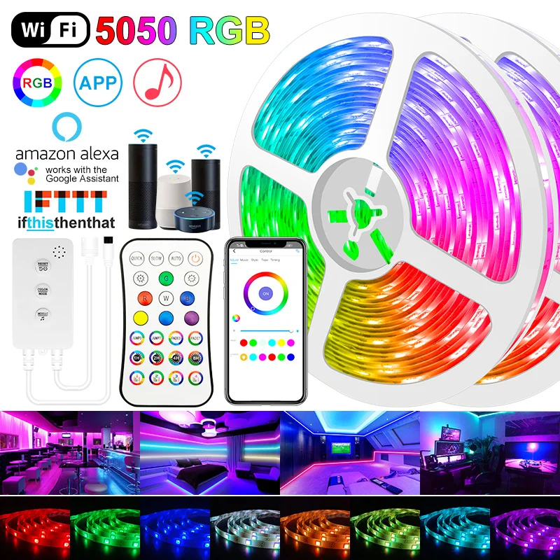 Гибкая светодиодная лента с Wi-Fi управлением 5050 RGB совместимая alexa Bluetooth неоновая