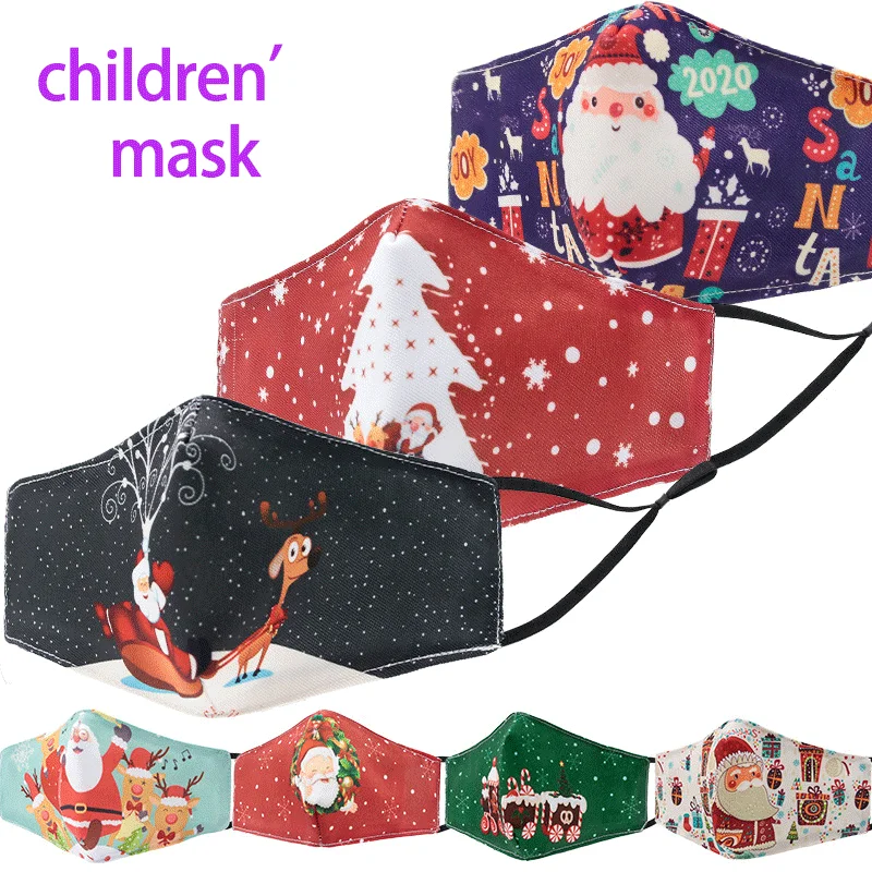 

2 Filters Christmas Mask Kids Cartoon Cotton Mask for Children Three-layer Printing Breathable Dustproof Winter Warm Mask