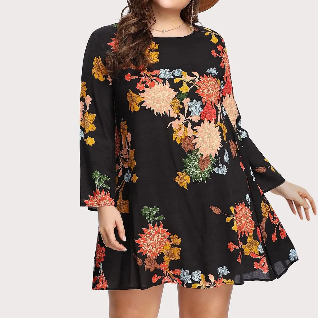 Модные женские мини платья повседневные большие размеры круглый вырез цветочный