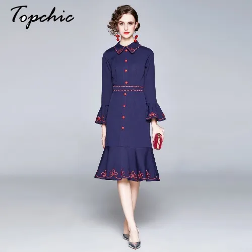 

Vintage Floral Embroidery Midi Mermaid Dresses For Women Turn-down Long Sleeve Slim Woman Dress vestido