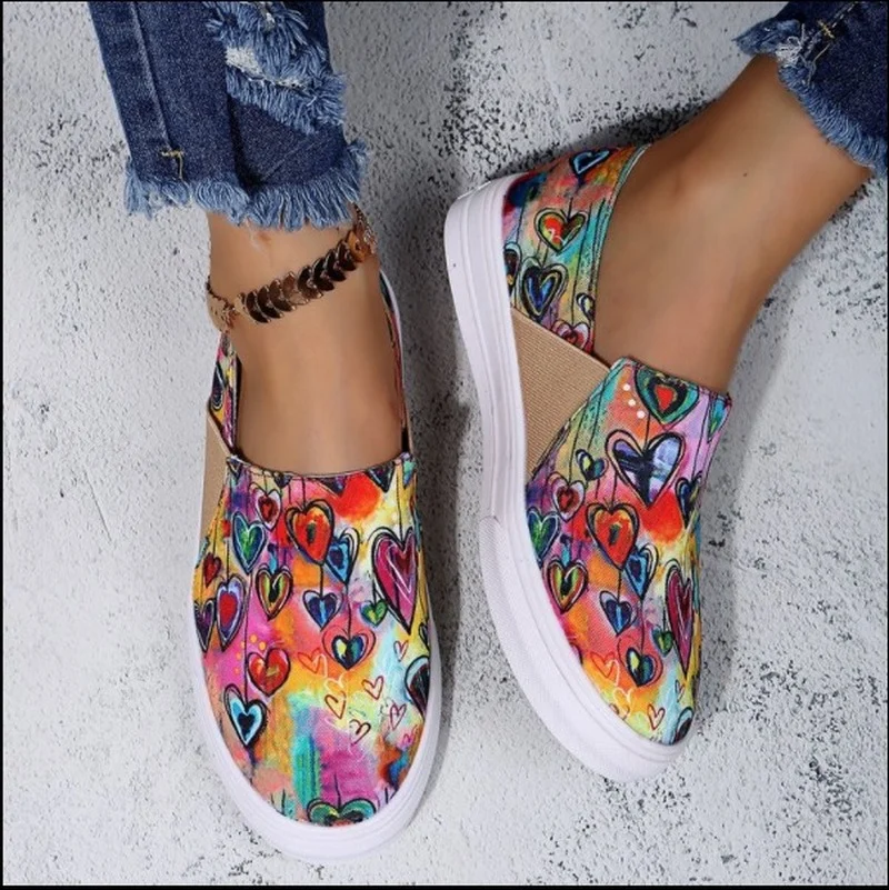 

2021 Women's Love Print Canvas Shoes Breathable Loafers Sneaker Woman Slip On Flat Shoes Ladies Chaussure Femme Zapatos Mujer