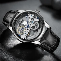 hollow automatic mechanical watch luxury watch wrist watches mens black leather skeleton transparent business casual auto wind