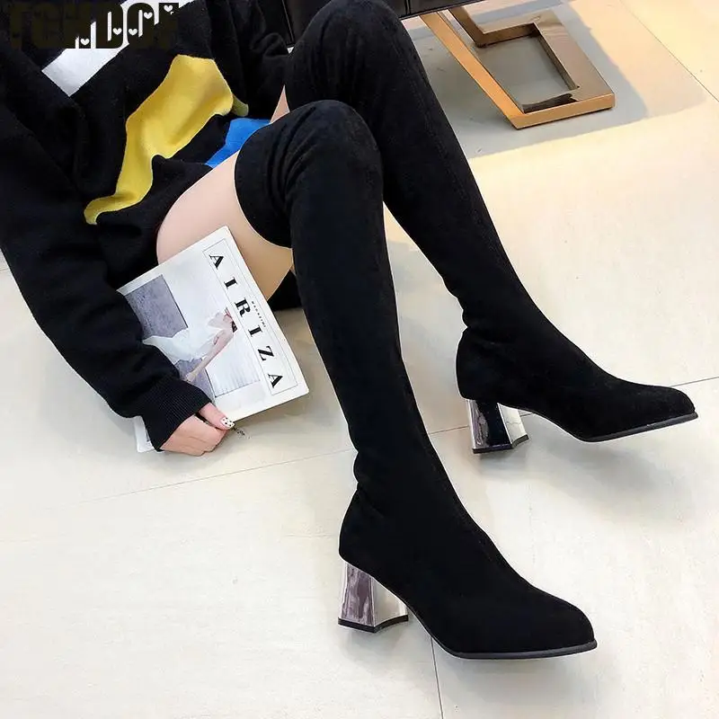 Over-the-knee Long Stovepipe Riding Boots Black Slim Warm Winter Booties Metal Chunky High Heels Knight Botas Women Shoes 2021