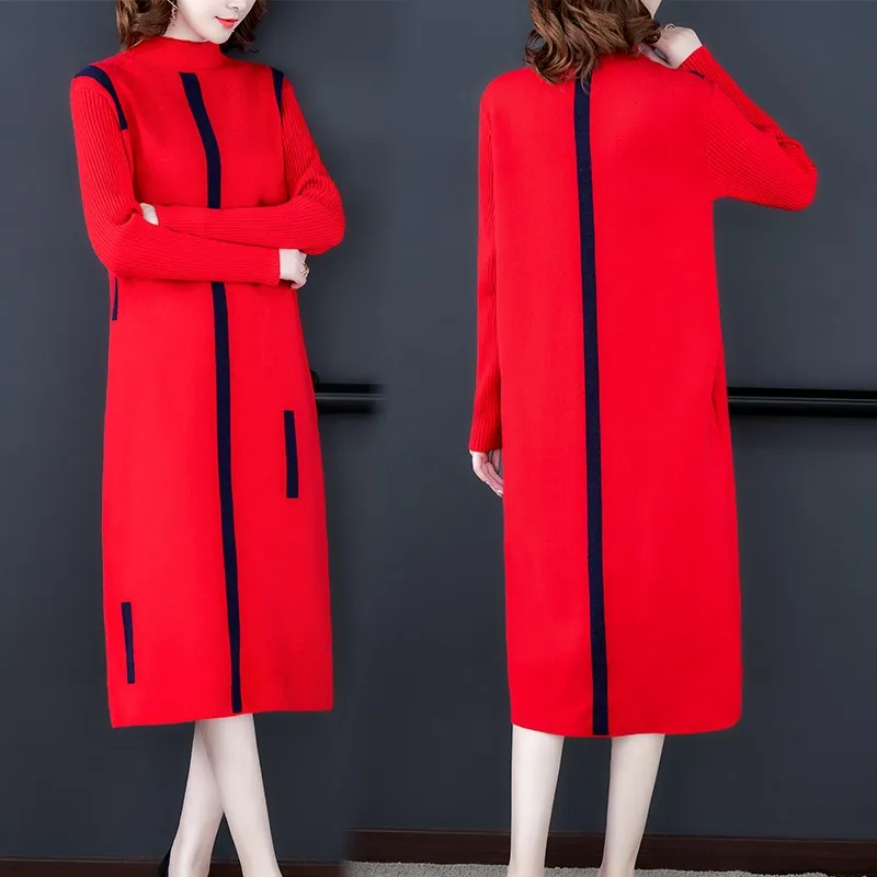 

2021 Autumn Winter Women Korean Style Sweater Dress Turtleneck Striped Knitted Straight Dress Office Lady Fashion Dresses