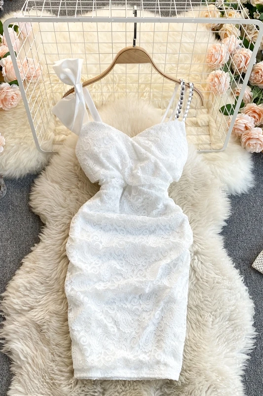 

Korean new summer Dress 2021 v-neck three-dimensional embroidered folds with chest pad dress for womens slim Lace sexy hip dress