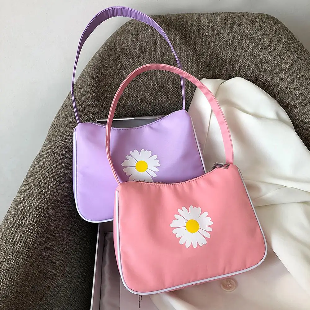 

2020 Fashion Casual Nylon Small Women Handbag Daisy Flower Printed Zipper Underarm Shoulder Bags Female Travel Totes Purse