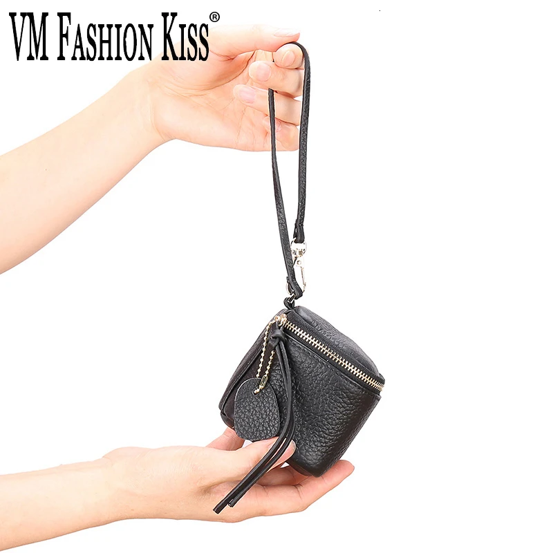 

VM FASHION KISS Genuine Leather Lady Lipstick Coin Purse Women Mini Wallet Portable Tassel Multifunction Storage Cosmetic Wallet