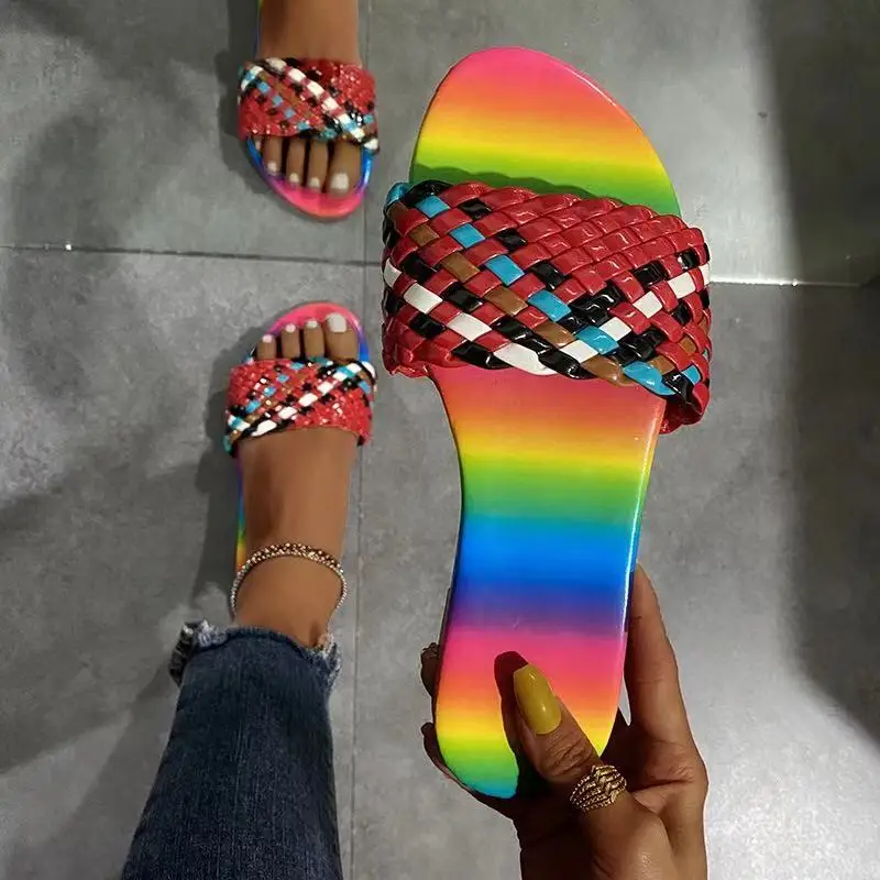 

2021 summer women new one-word braided belt wear sandals non-slip all-match fashion beach shoes flat large size slippers