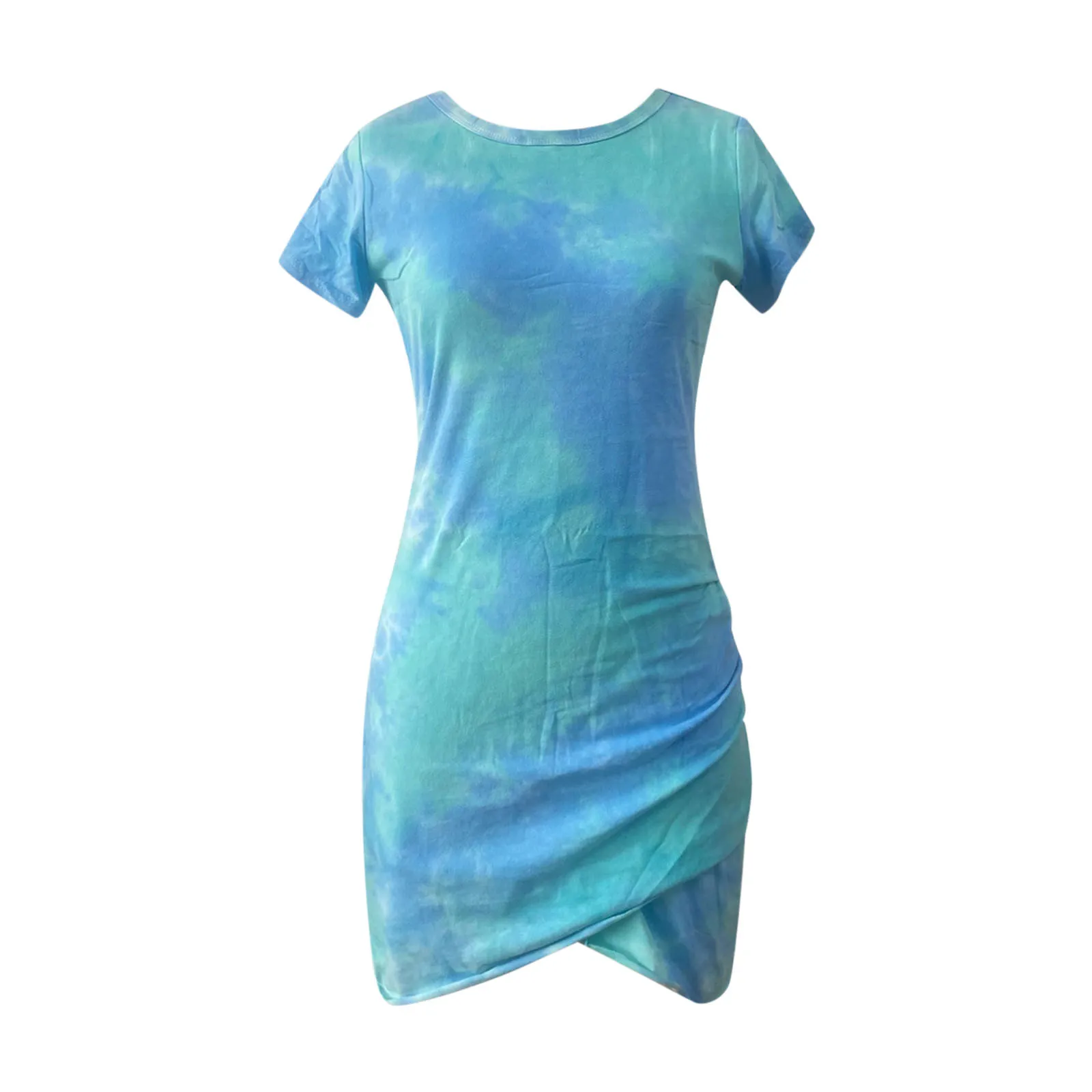 

40# Tie Dye Printing Bodycon Dress Women Short Sleeve Sexy Irregular Summer Dress O-neck Wrap Hip Summer Dress 2021 Vestidos
