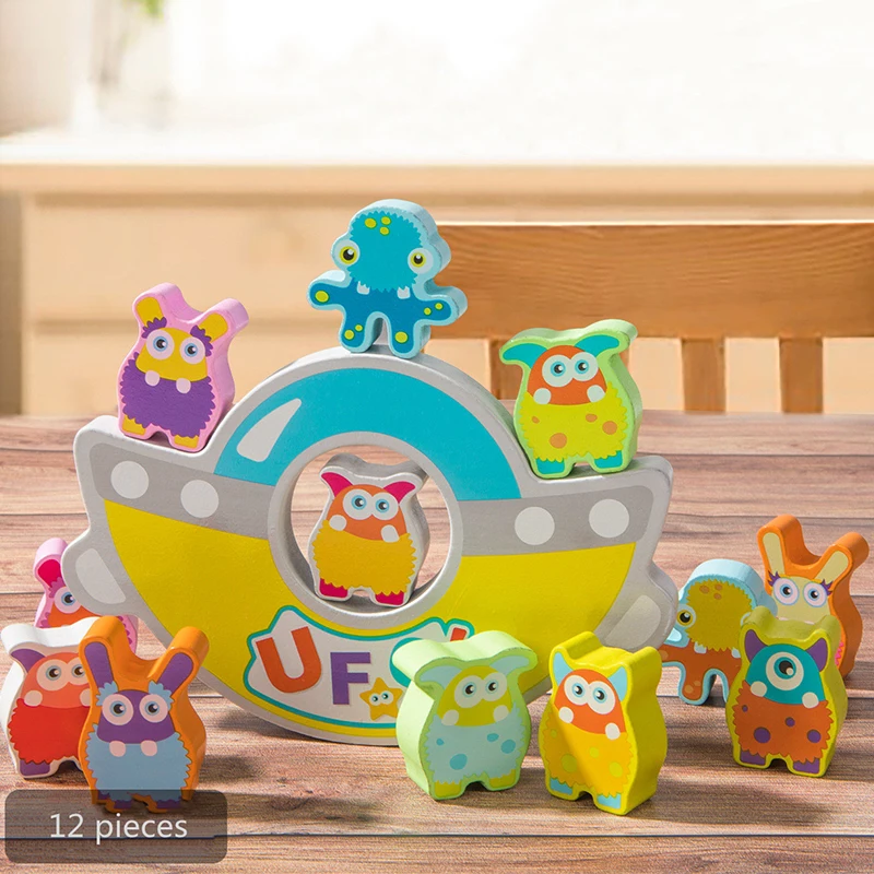 

Early Educational Toys Kids Wooden Building Block Toys Desktop Puzzle Game Ufo Balance Beam Hands-on Ability Concentration Gift