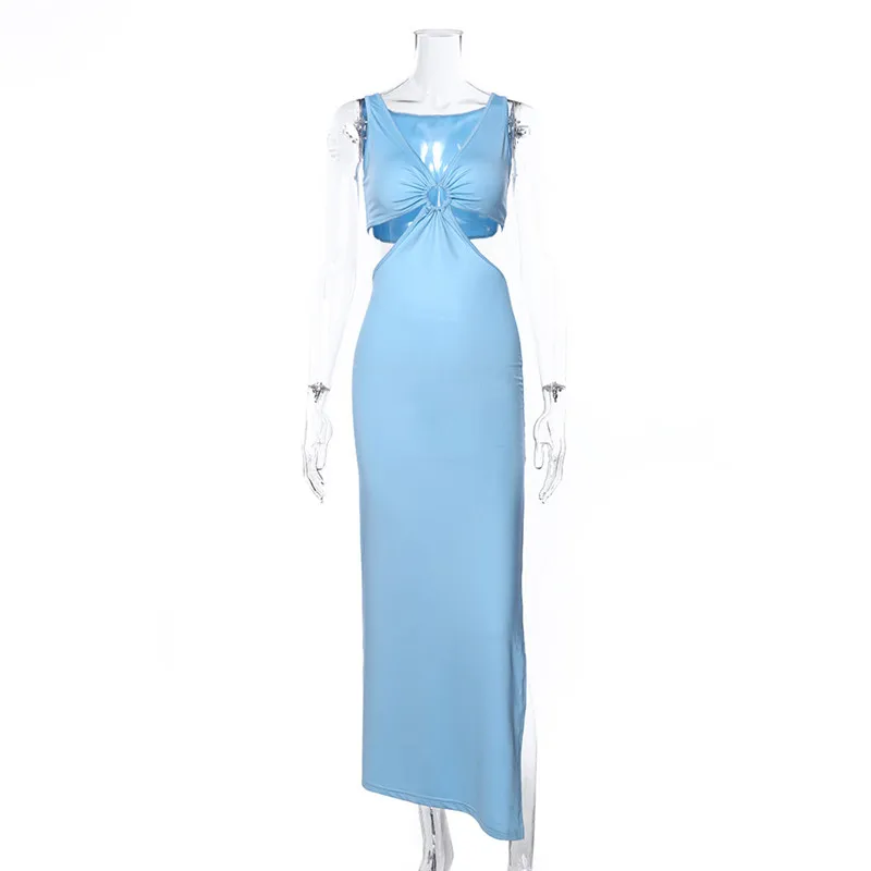 

WJFZQM Sexy Party Chiffon Dress Women Off Shoulder Hollow Out Maxi Blue Dress Summer Solid Color Casual Side Split Beach Dress