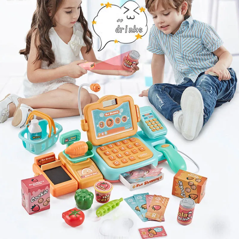 

Mini Simulated Supermarket Checkout Counter Role play Cashier Cash Register Set Kids Pretend Play Early Educational Toys