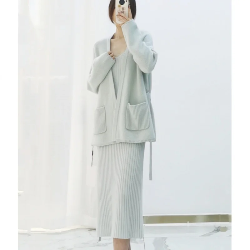 

2021Autumn and Winter New Western Style Scale Pattern Belt Pure Cashmere Cardigan Women's Korean Style Knitted Sweater Coat