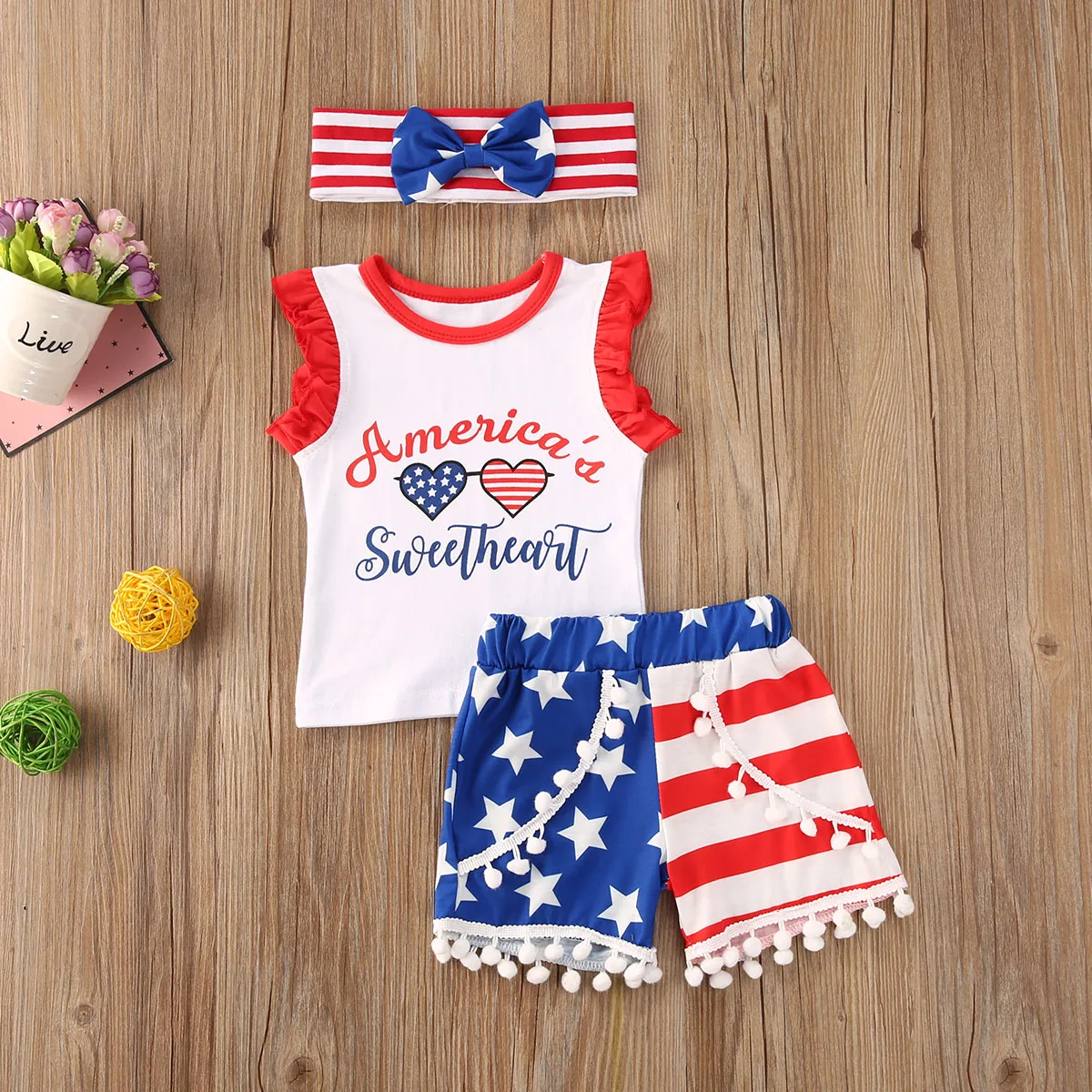 Independence Day Infant Baby Girls Boys Outfits Letter Print Sleeveless Vest Tops+Star Stripe Shorts+Headband 3pcs Set | Детская одежда