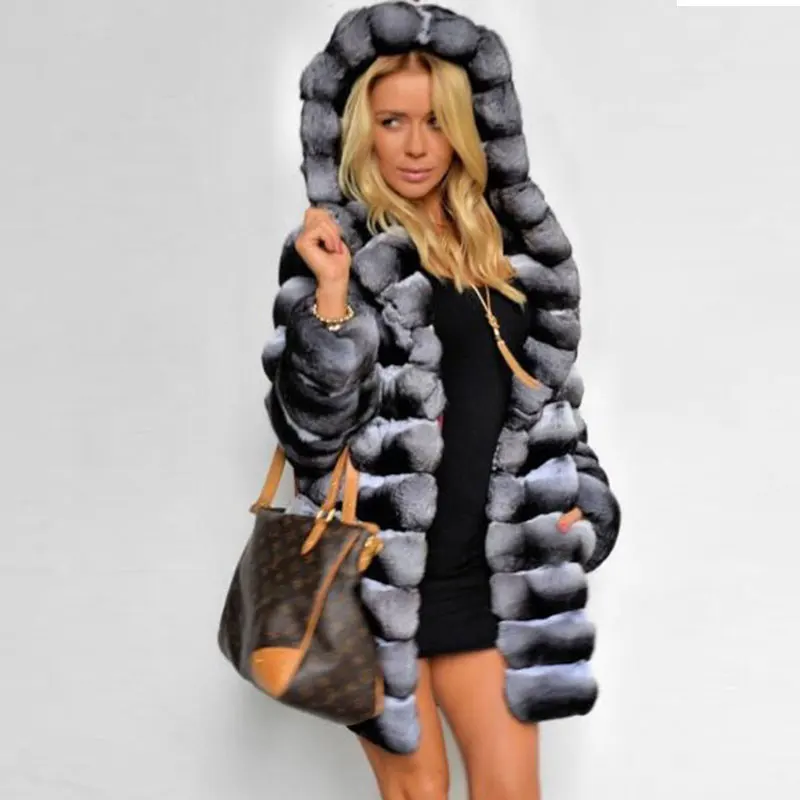 Fashion Long Real Rex Rabbit Fur Coat With Hood Thick Warm Fur Overcoat Whole Skin Genuine Rex Rabbit Fur Coat Outwear Female enlarge