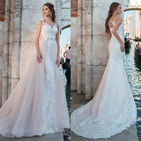 beautiful mermaid wedding dresses with lace appliques slim natural waist with detachable tulle bridal gowns two pieces open back