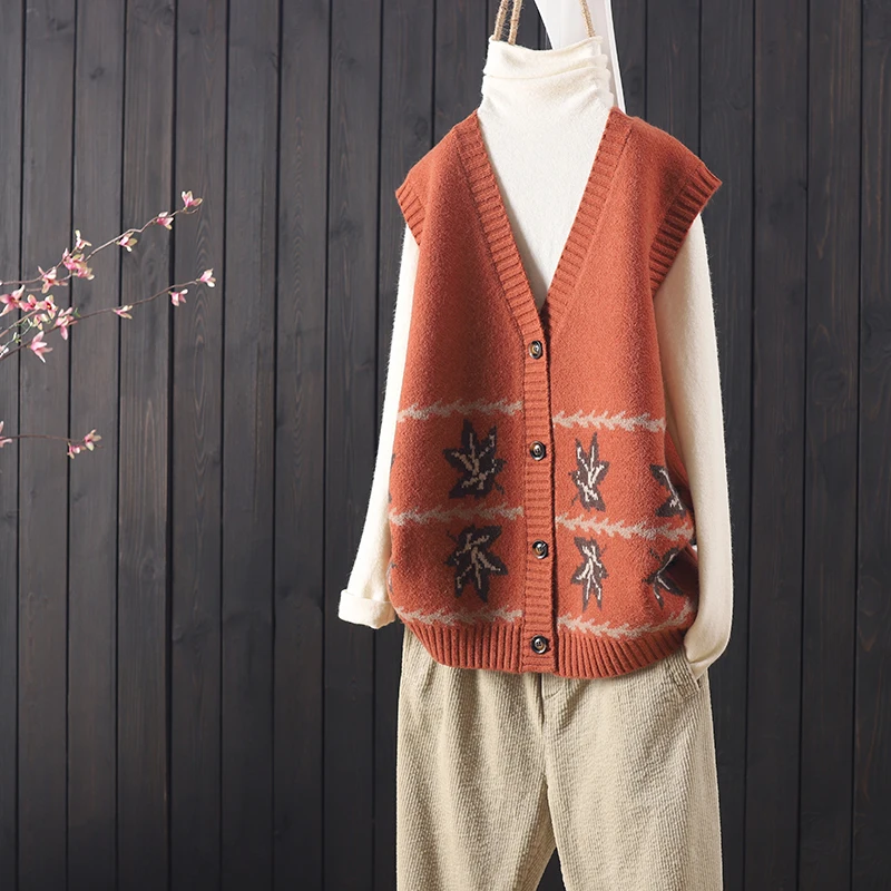 

Sweater spring and autumn loose and versatile V-neck button sleeveless knitted vest women's casual art vest cardigan