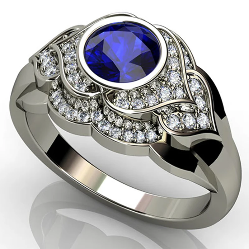 

Gorgeous Silver Plated Round Cut Flower Royal Blue Zircon Rings For Mens Womens Wedding Party Jewelry Luxury Accessories