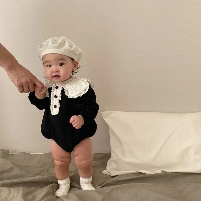 

Cute Baby Bodysuits Long Sleeve 2021 Spring New Toddler Girls Jumpsuit Baby Boys Lace Large Lapel Princess Onesie Baby Clothes