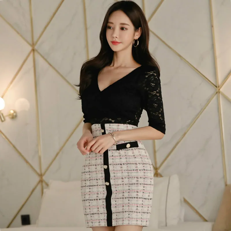 Женское весеннее облегающее платье с V образным вырезом и рукавом 3/4|Женские