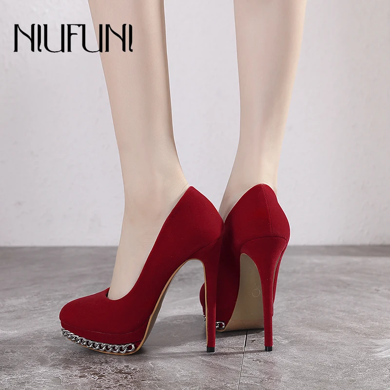 

NIUFUNI Suede Chain Women Pumps Stiletto Plus Size 34-42 High Heels Sexy Mary Jane Round Toe Platform Wedding Shoes For Women