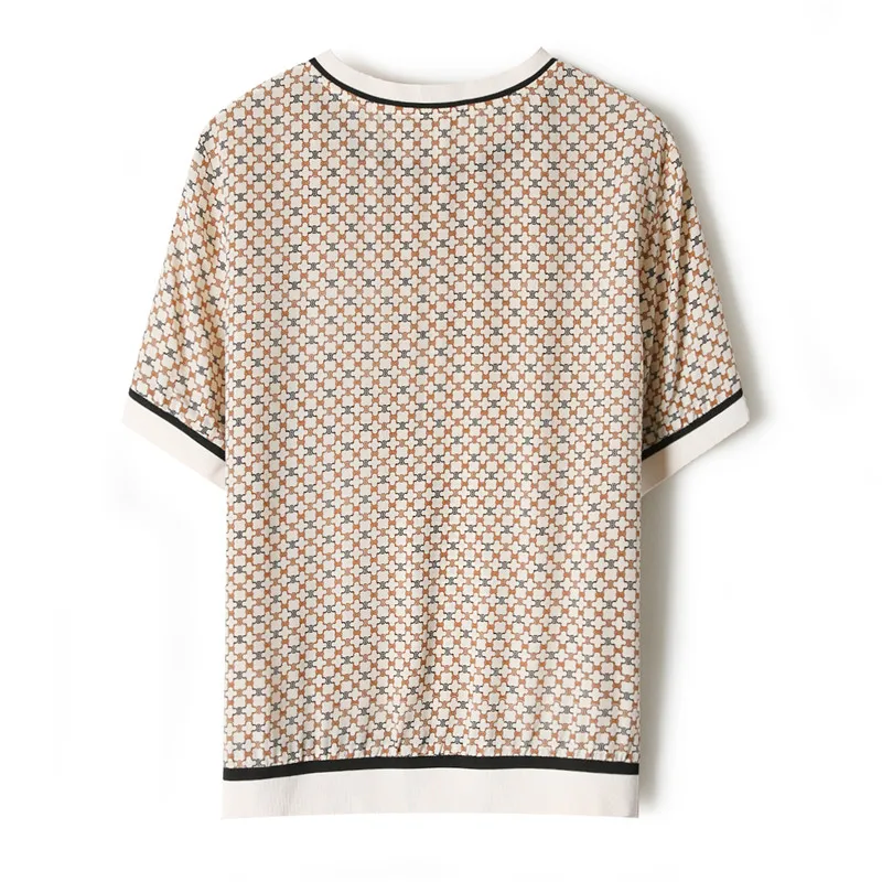 

SuyaDream Women T Shirt 100%Silk Crepe O Neck Short Sleeves Print Shirt 2021 Spring Summer Silk Top 3XL Plus Size