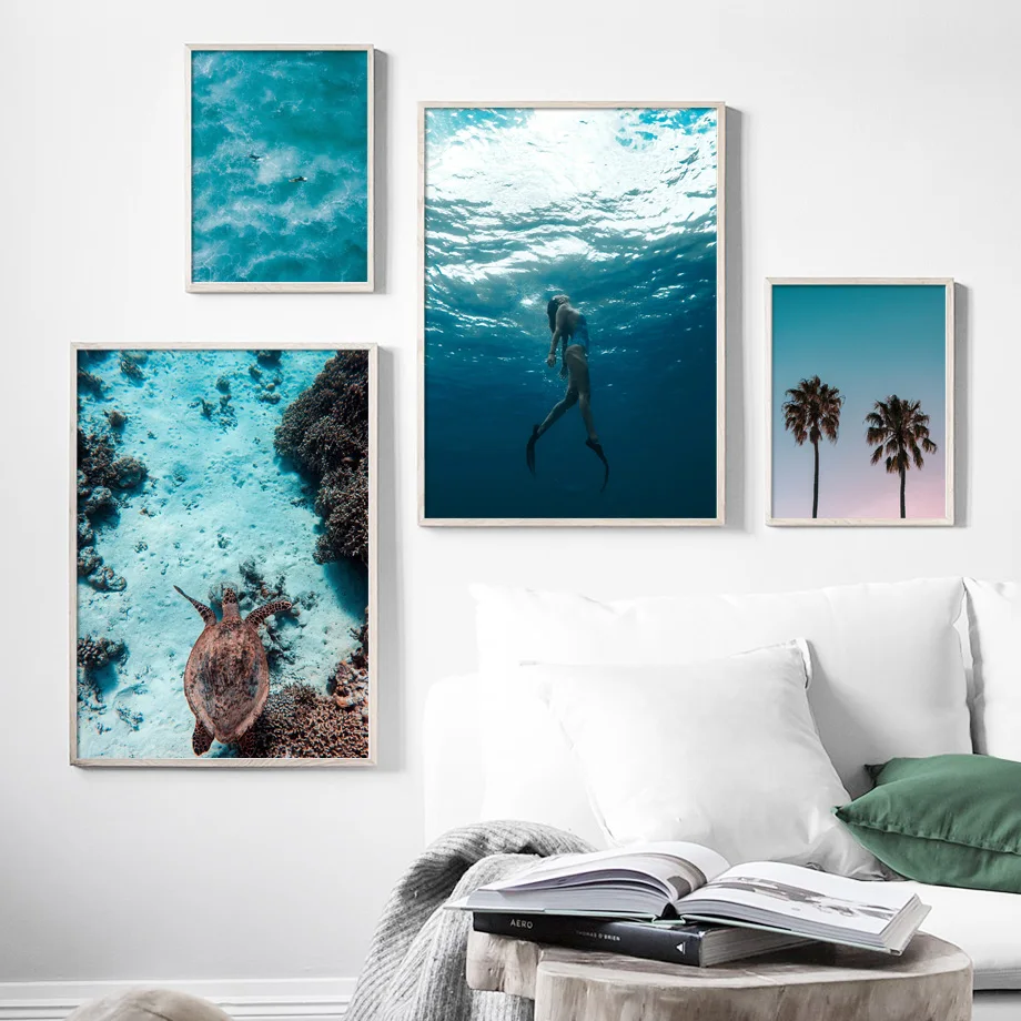 Картина на холсте с изображением кокосовой пальмы морской черепахи ныряющей