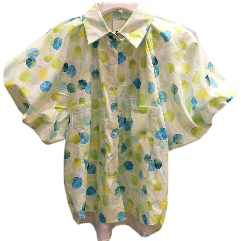 

Sweet Puff Sleeve Light Green Dot Print Loose Shirt Women All-Matching Summer Blouse Blusas Camisas De Mujer 2021