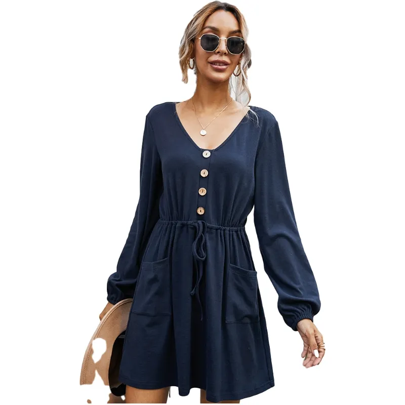 

Casual Solid Color A-Line Party Dress Women Lace Up Button V-neck Long Sleeve Mini Dresses Autumn Holiday Office Lady Work Dress
