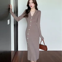 niche elegant thick warm ladies sweater dress one piece autumnwinter french design vintage v neck single breasted knitted dress