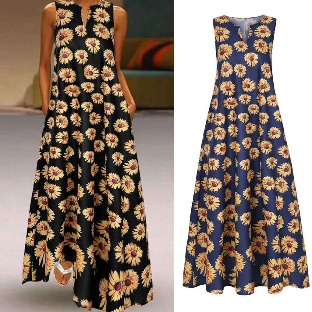 

Women Plus Size Daily Sleeveless Vintage Sunflower Bohemian V Neck Maxi Dress Summer Dress Robe Femme Платье Летнее 2021