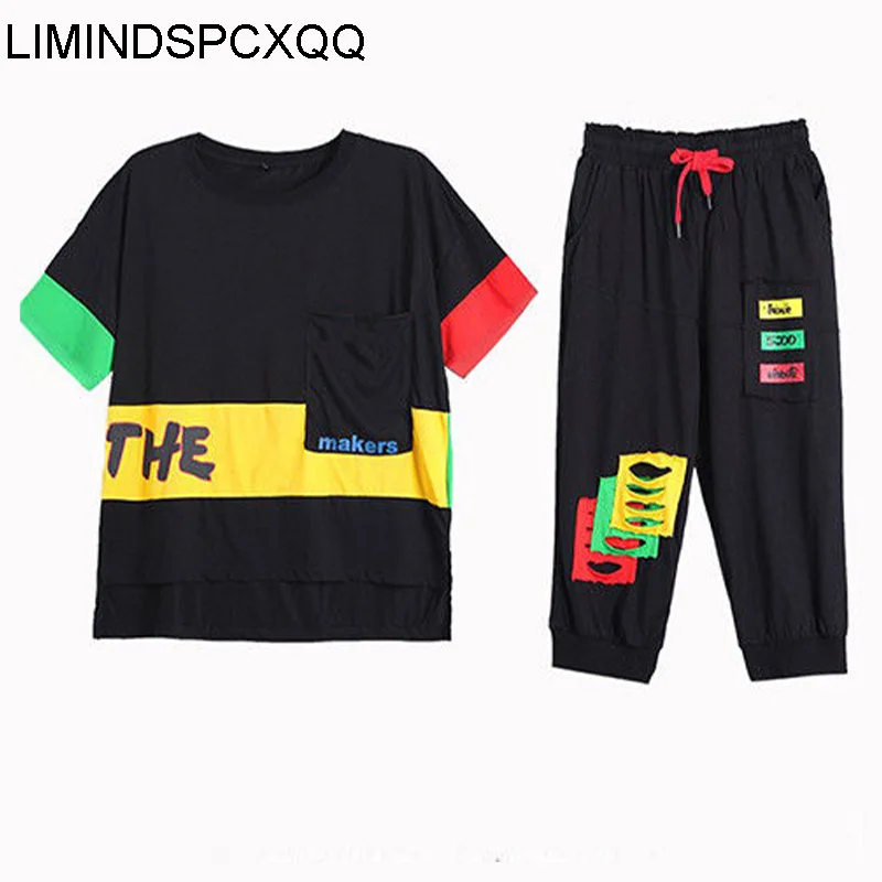 

LIMINDSPCXQQ 2021 Summer Fashion Women Contrast Color Casual Two Pieces Sets Short Sleeve Tops And Drawstring Loose Harem Pants