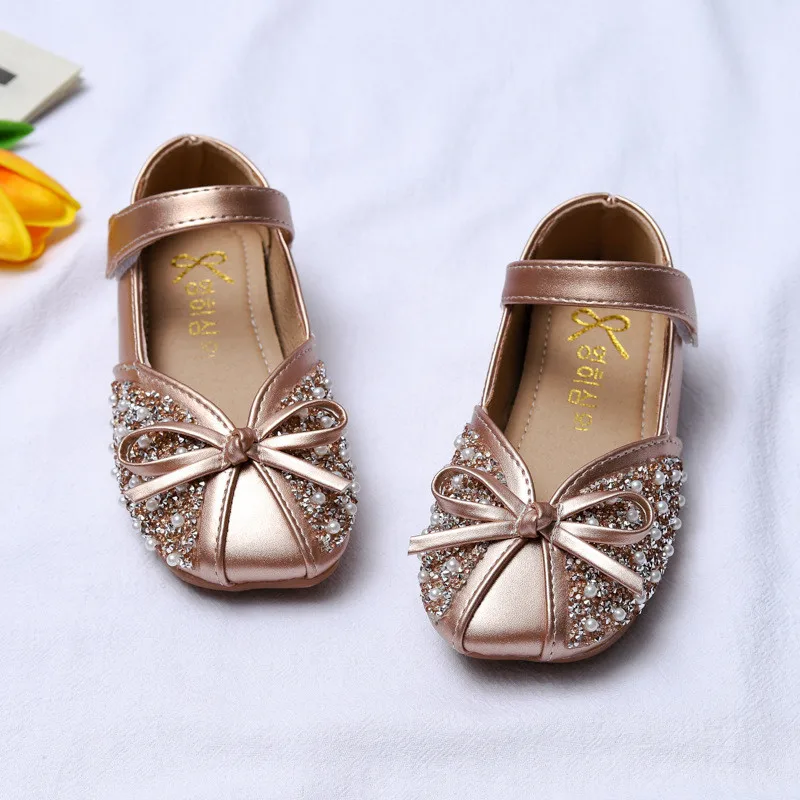 2021 Spring New Children Shoes Girls Princess Shoes Butterfly Glitter Crystal Single Leather Shoes Kids Girl Elegant Dress Shoes