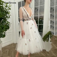 smileven 2021ivory polka dots a line prom dress with embroidery evening dress flare sleeve tea length party graduation dress