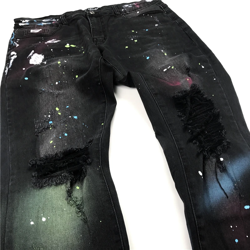 Джинсы с разрисованными красками черные зауженные джинсы уличная одежда