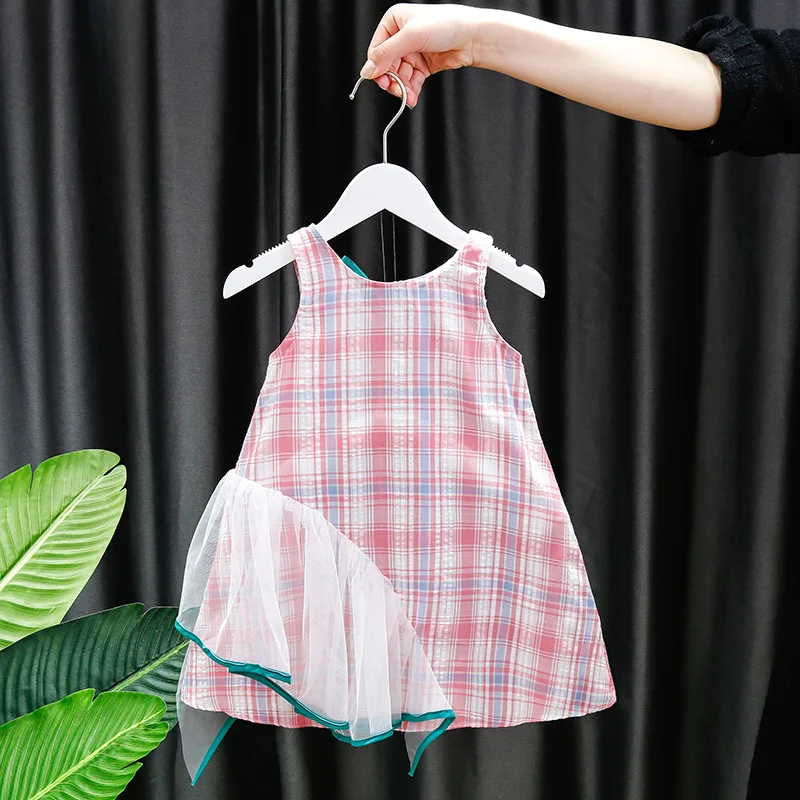 

TZ Boutique 2021 Summer Girls' Pastoral Check Mesh Sling Skirt, Small and Medium Girls' Dresses