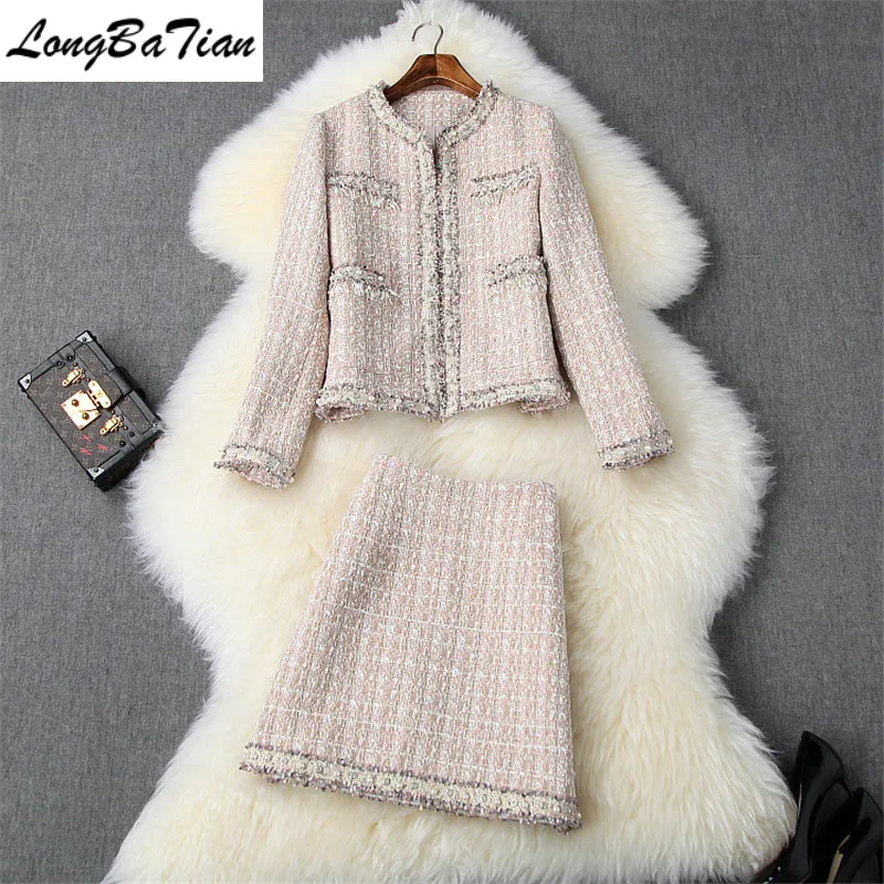 

Winter Full Sleeve Pocket Beaded Jacket Tweed Tassels Short A-line Skirt 2 Piece Women Fashion Patry Dress Set