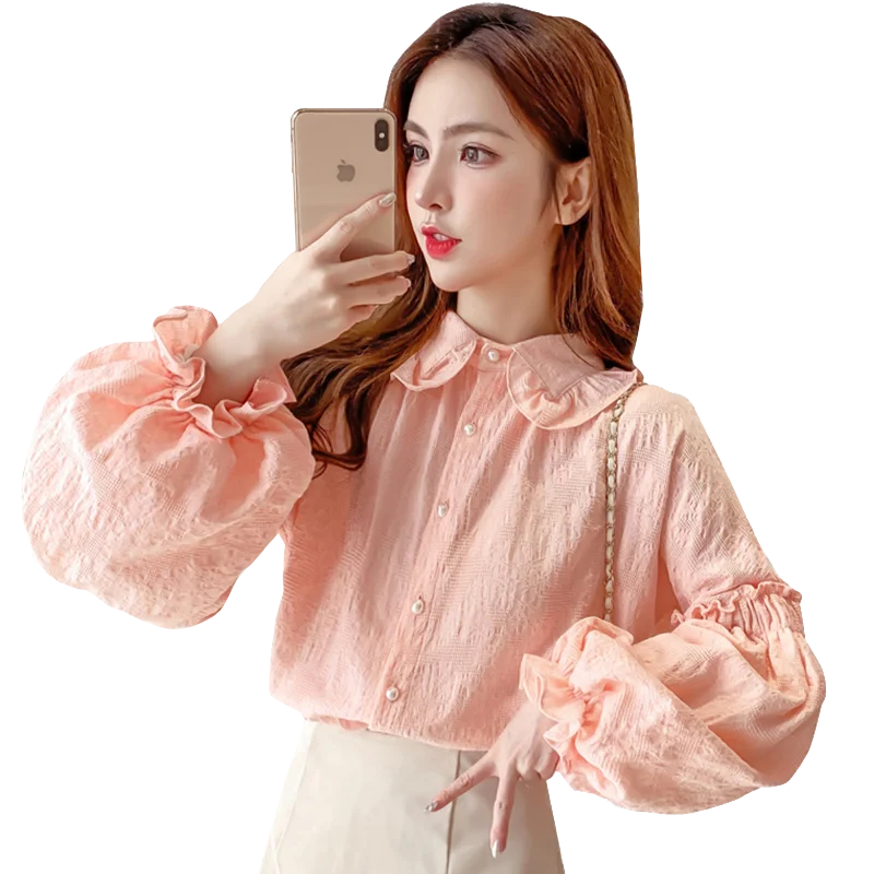 

Puff sleeve shirt 2020 autumn Korean style long-sleeved shirt female design doll collar tops korea pink blouses