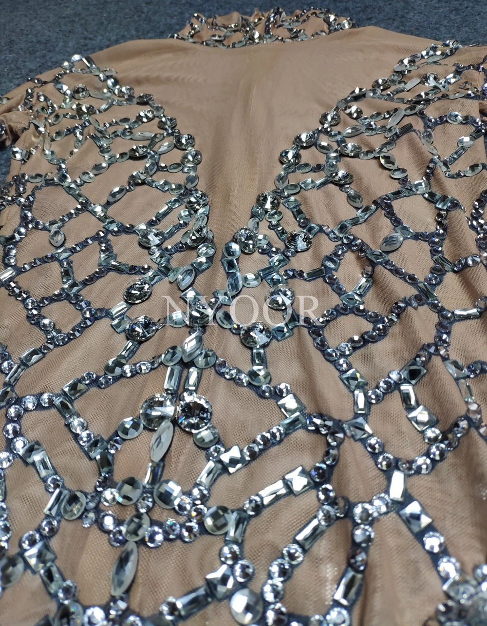 Sparkly Silver Rhinestones Nude Mesh Transparent Fringe Bodysuit Luxurious Dance Costume Sexy Nightclub Bar DJ Singer Stage Wear